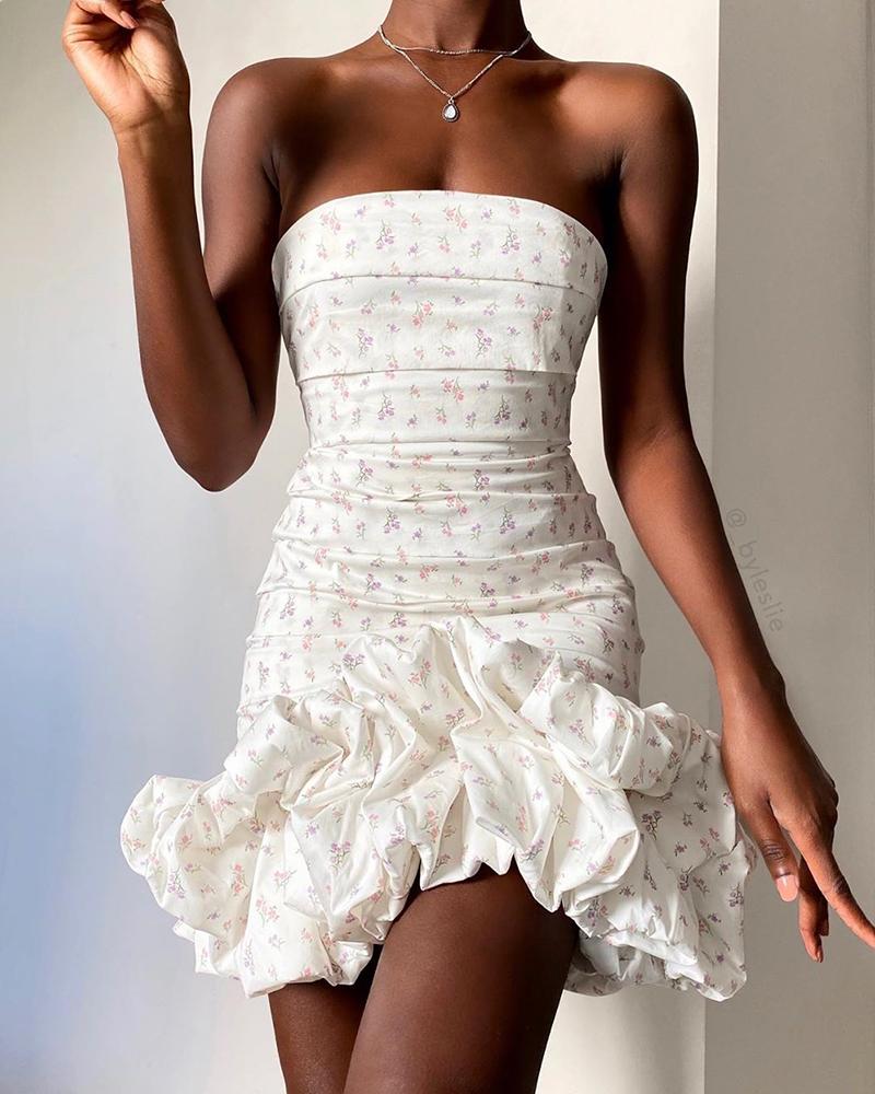 

Ditsy Floral Print Ruched Bandeau Dress, White