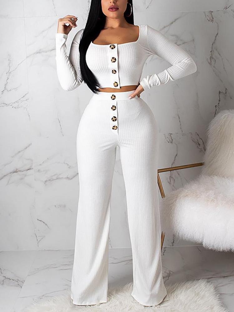 

Single Breasted Crop Top & Pants Set, White