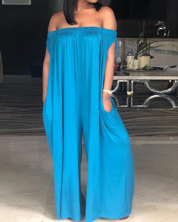 

Oversized Stretchy Off Shoulder Loose Jumpsuit, Gray