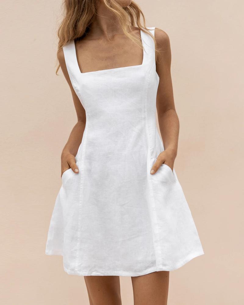 

Pocket Design Thick Strap Casual Dress, White