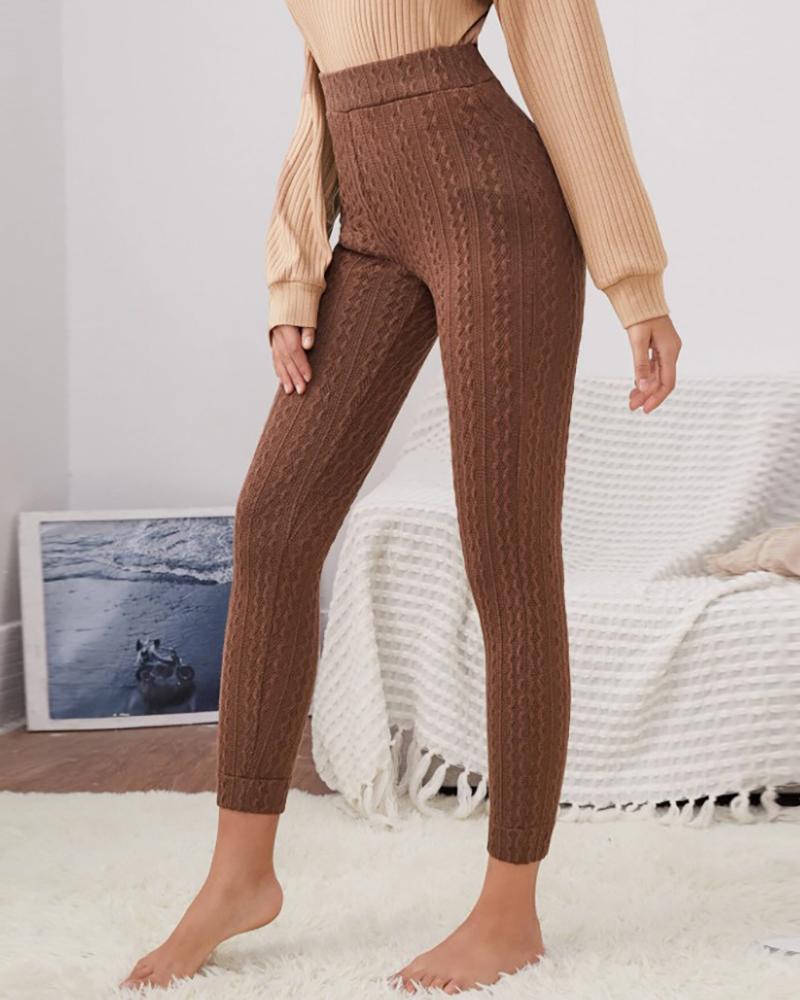 

High Waist Plain Knit Skinny Leggings, Brown