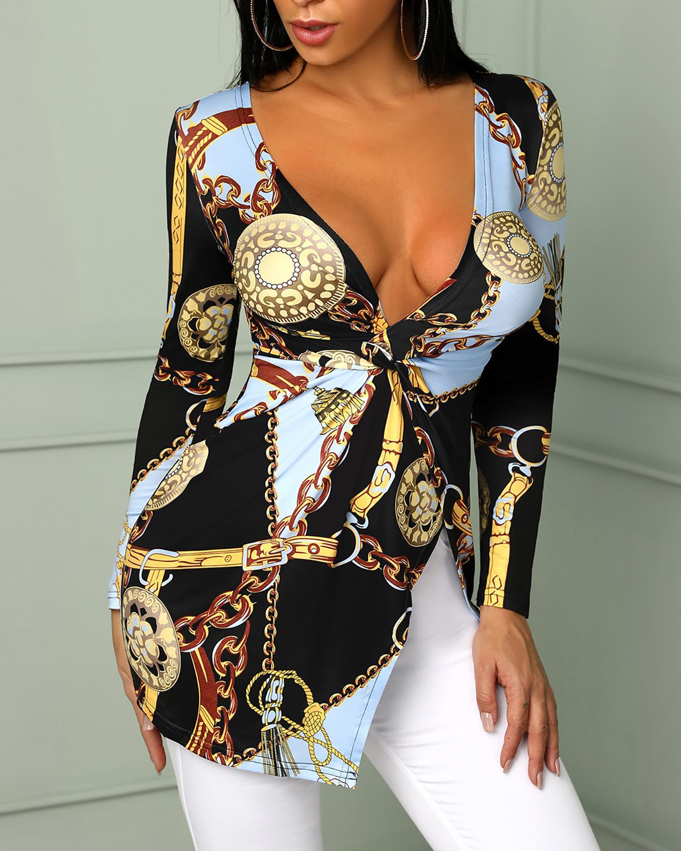 

Mixed Chains Print Plunge Blouse, Black
