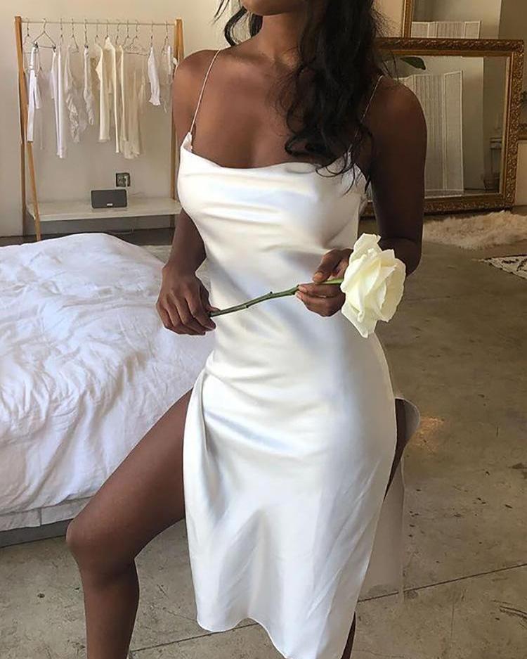 

Drape Neck Slit Side Cami Dress, White