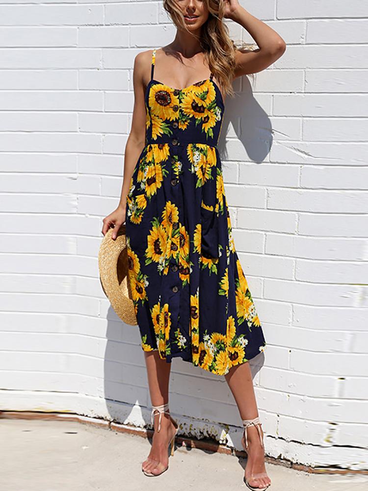 

Sunflower Pattern Sweet Midi Dress, Dark blue