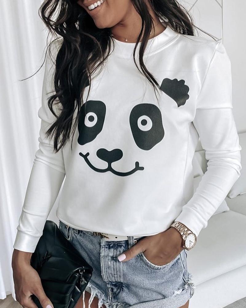 

Panda Print Long Sleeve Casual T-shirt, White