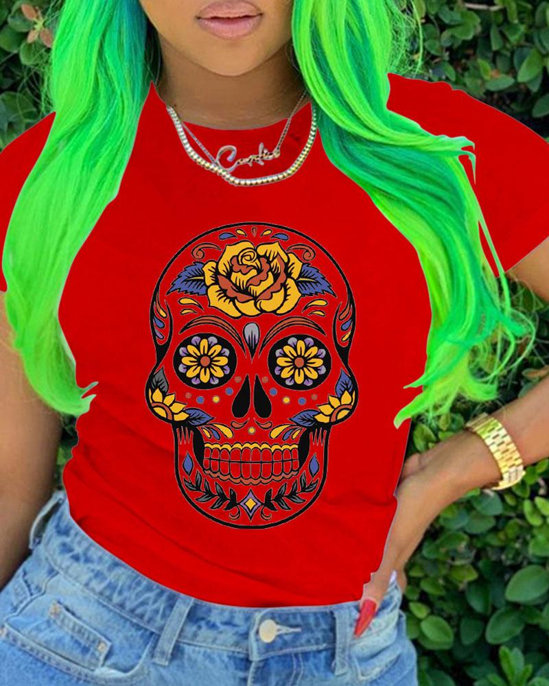 

Skull Figure Print Short Sleeve Casual T-shirt, Red