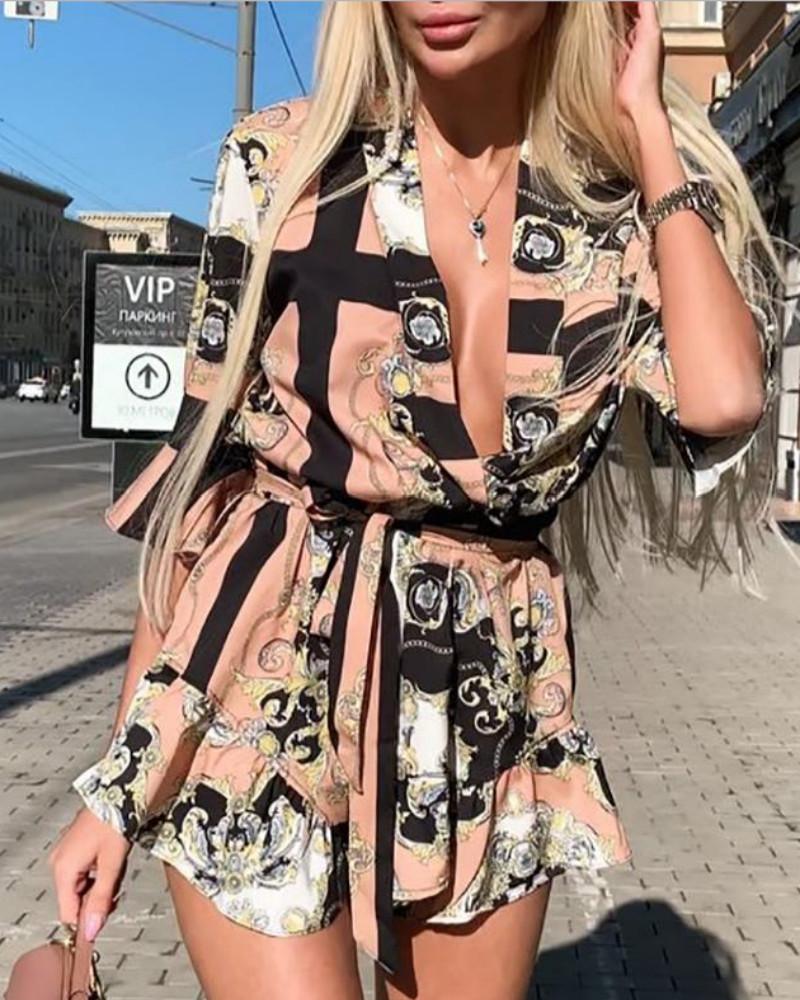 

Plunge Mixed Print Ruffles Design Romper