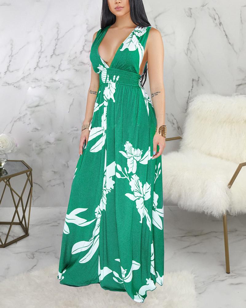 

Sexy Floral Print Sling Long Dress, Green
