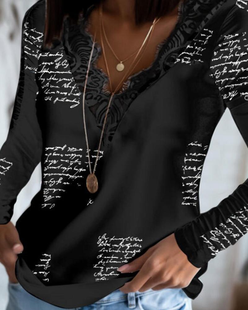 

Letter Print Splicing Eyelash Lace Long Sleeve Blouse, Black