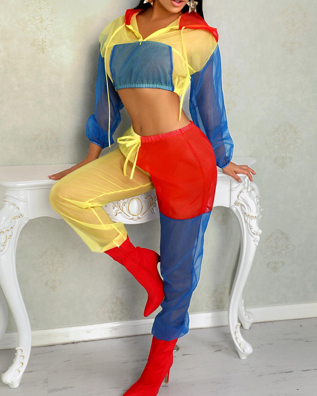 

Contrast Color See Through Hoodies & Drawstring Pants Sets, Blue