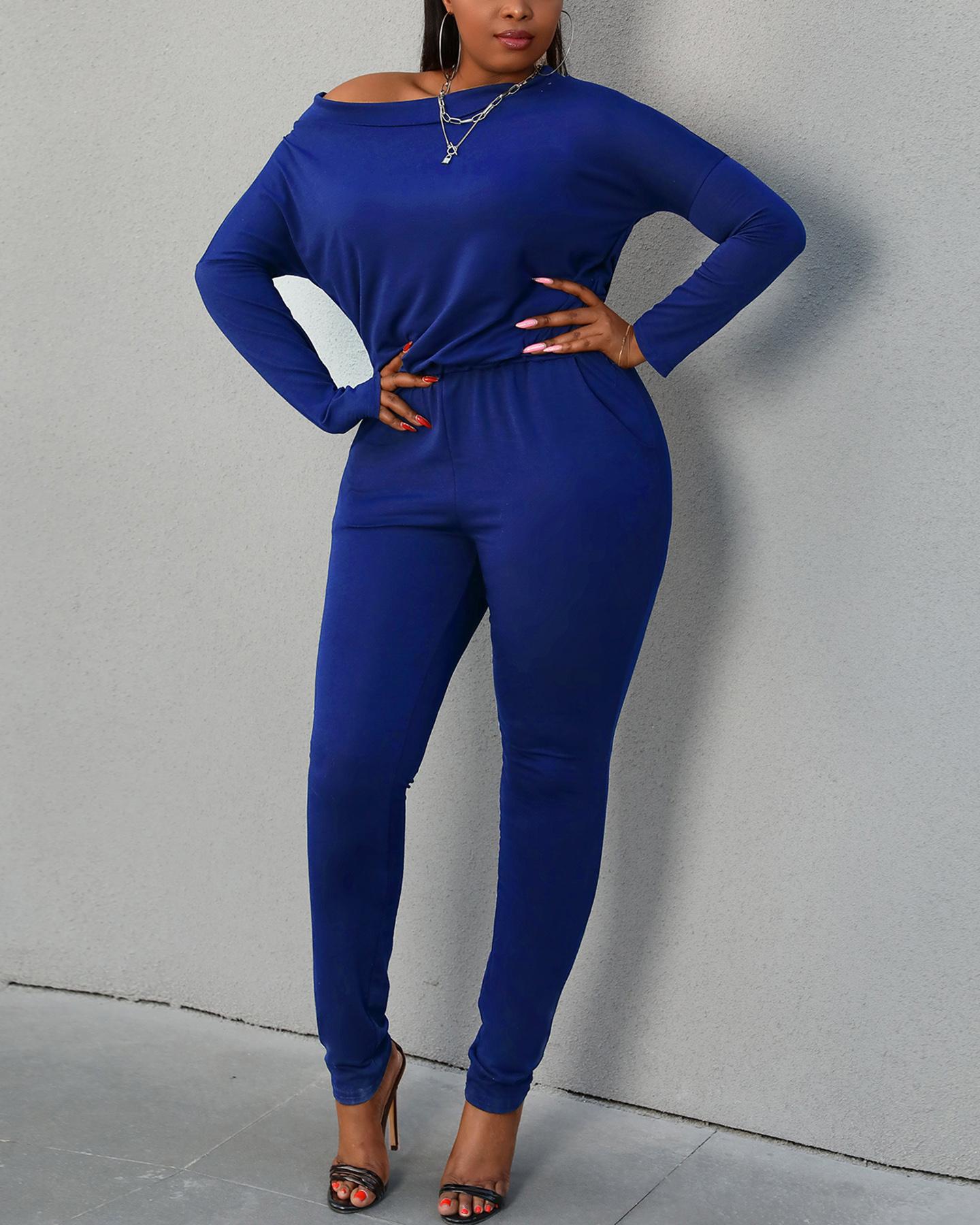 

Plain Long Sleeve Top & Pants Set, Blue