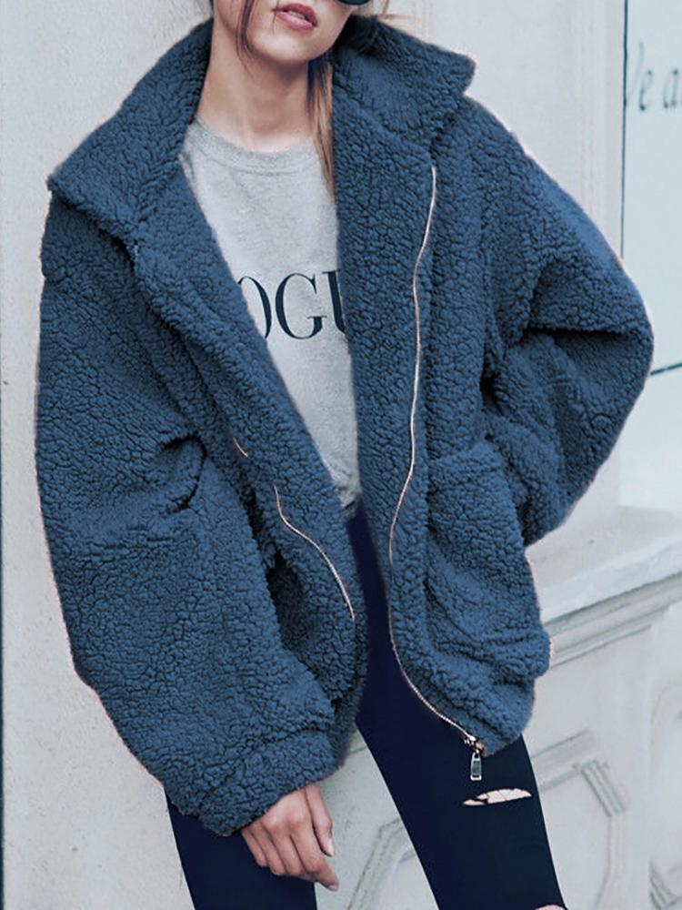 

Fluffy Zipper Up Pocket Design Oversized Coat