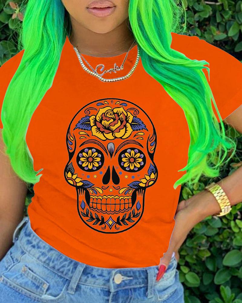 

Skull Figure Print Short Sleeve Casual T-shirt, Orange