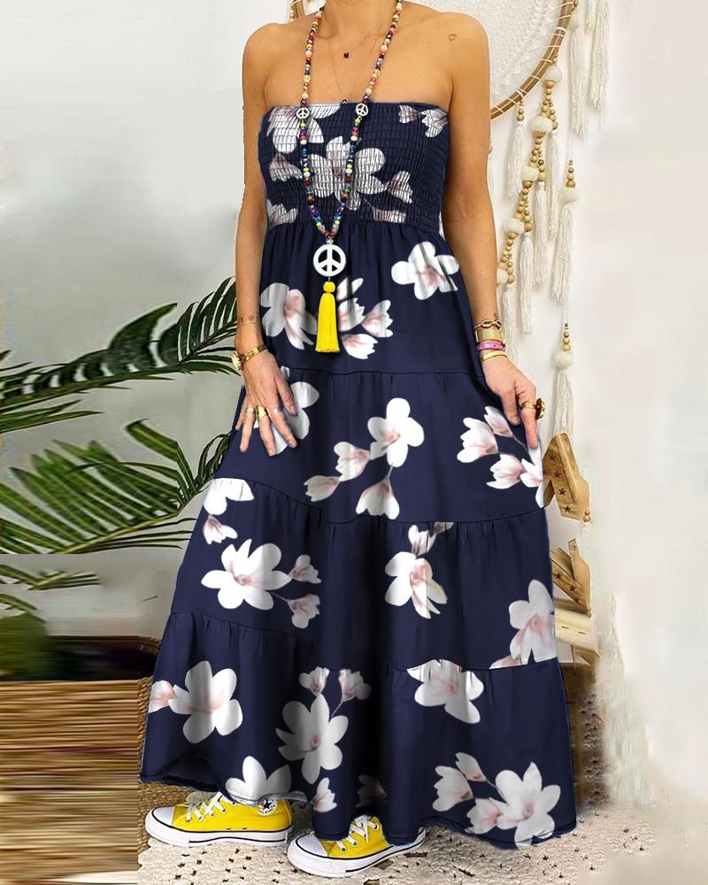 

Bandeau Floarl Print Shirring Design Maxi Dress, Purplish blue