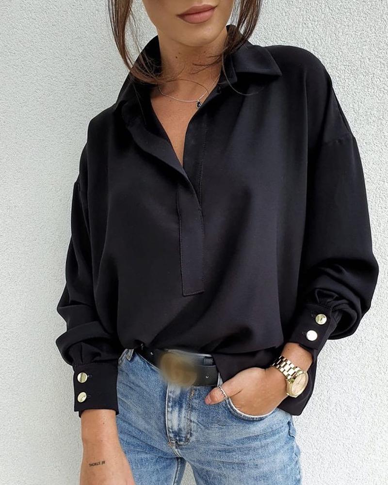 

Plain Button Design Lantern Sleeve Casual Shirt, Black
