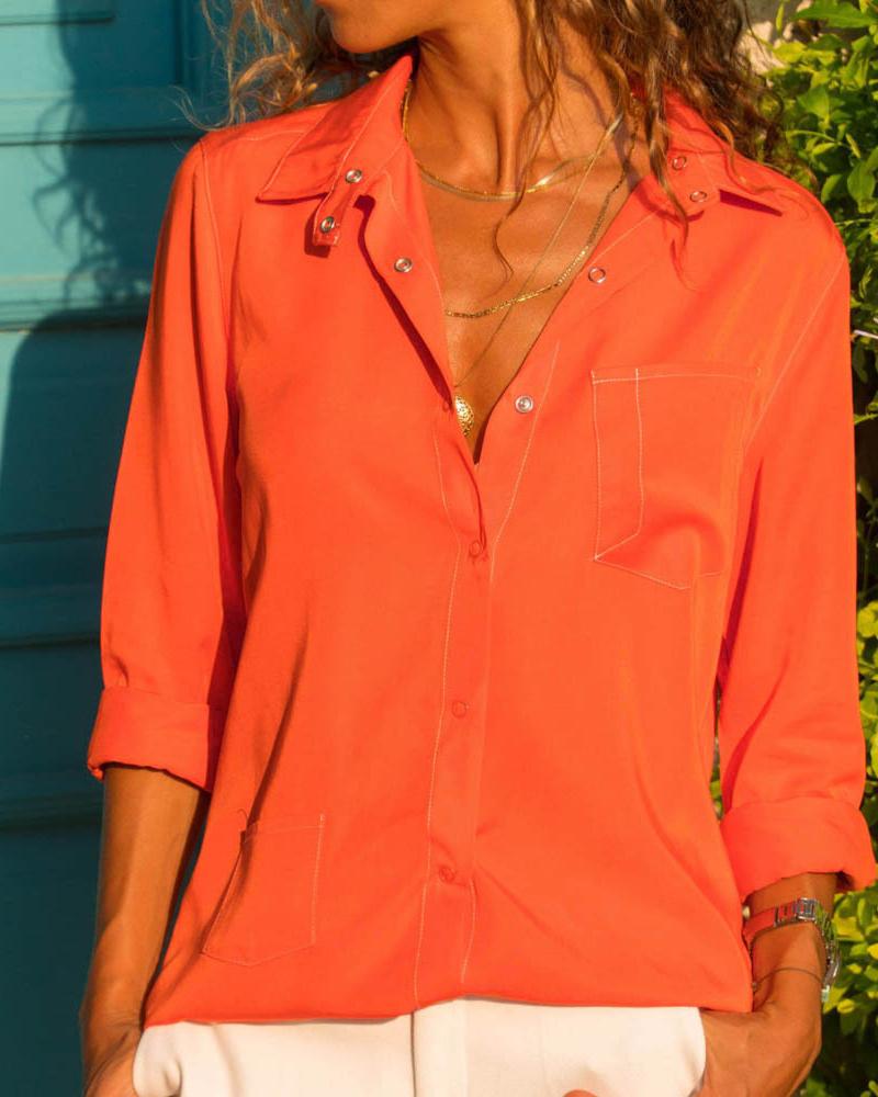 

Solid Long Sleeve Pocket Casual Shirt, Orange