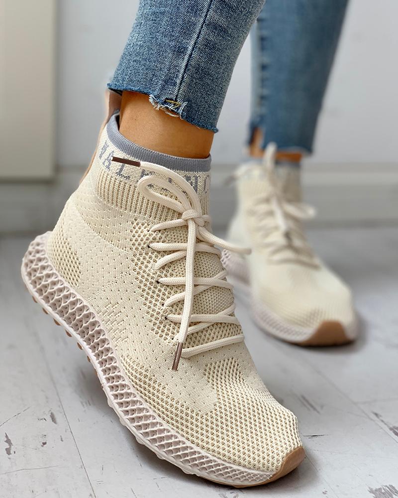 

Net Surface Breathable Lace-Up Casual Sneakers, Beige