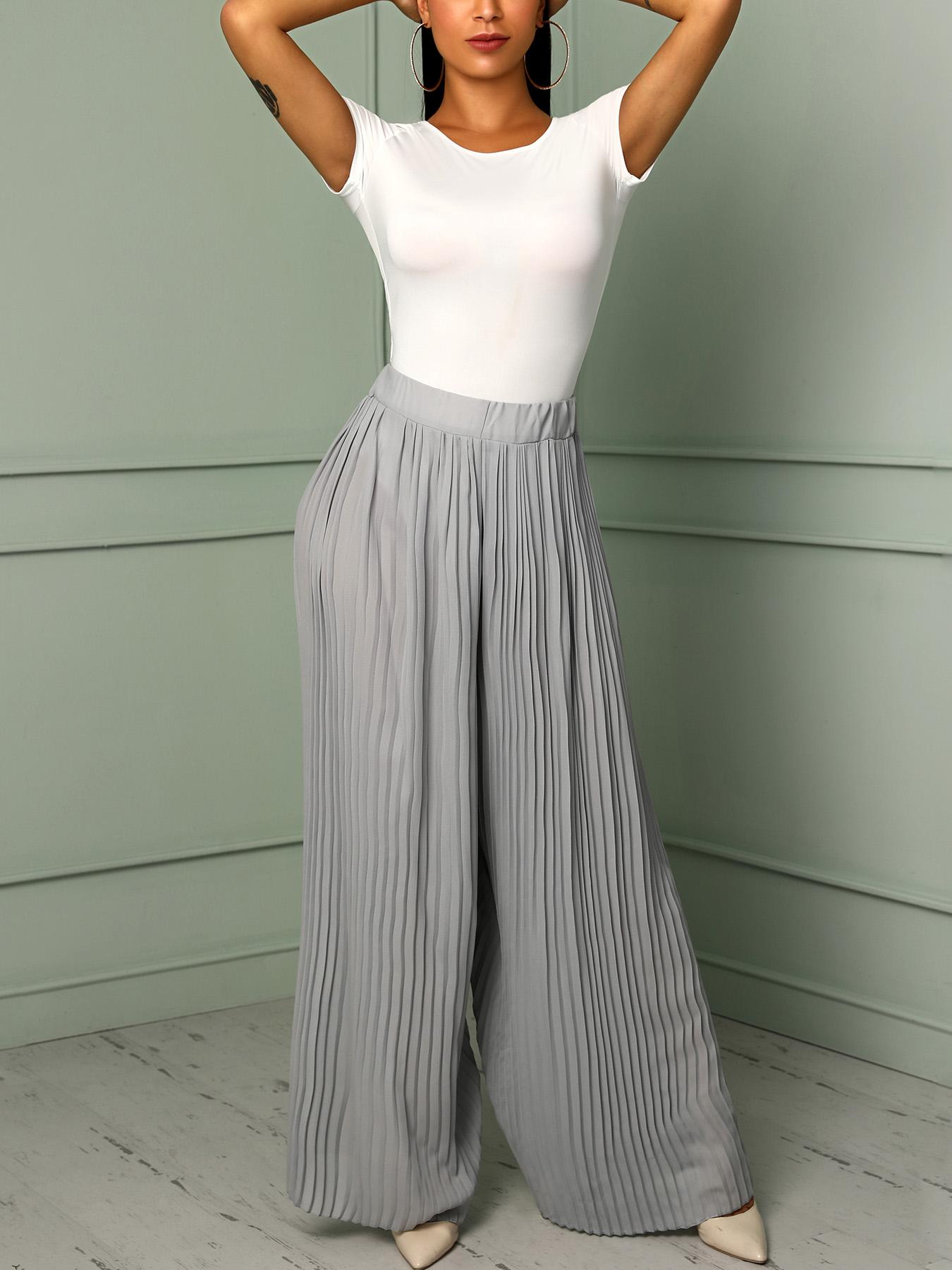 

Solid Pleated Wide Leg Casual Pants, Gray