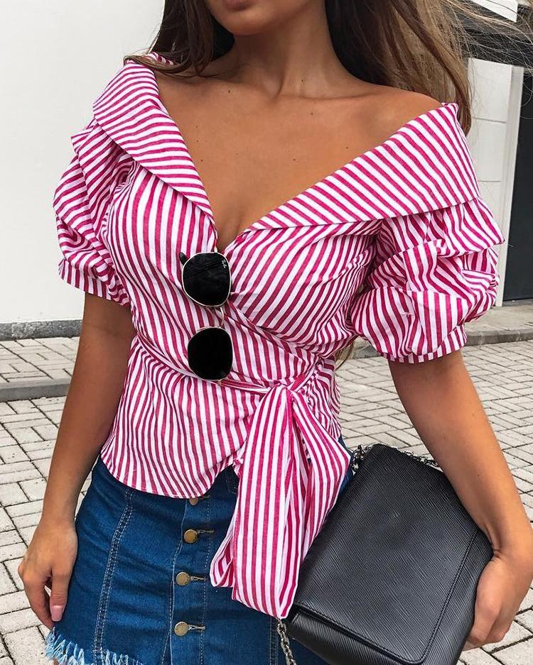 

Puff Sleeve Belted Striped Bardot Blouse, Pink