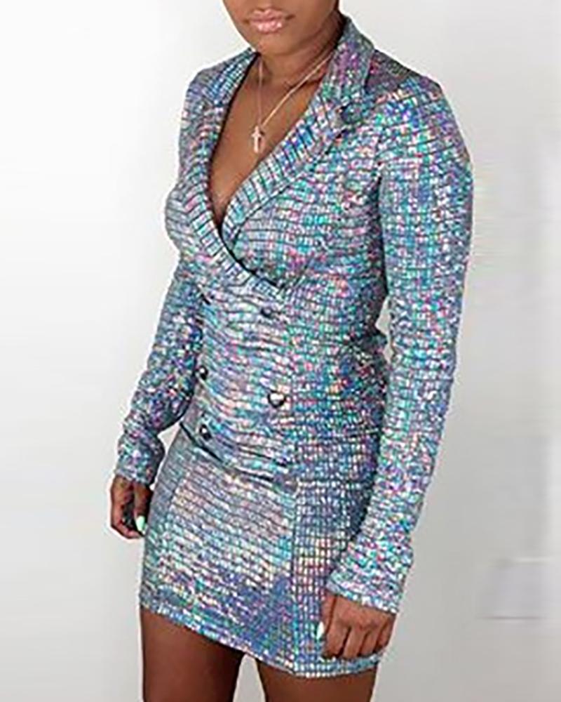 

Glitter Plaid Double-breasted OL Blazer Dress, Silver