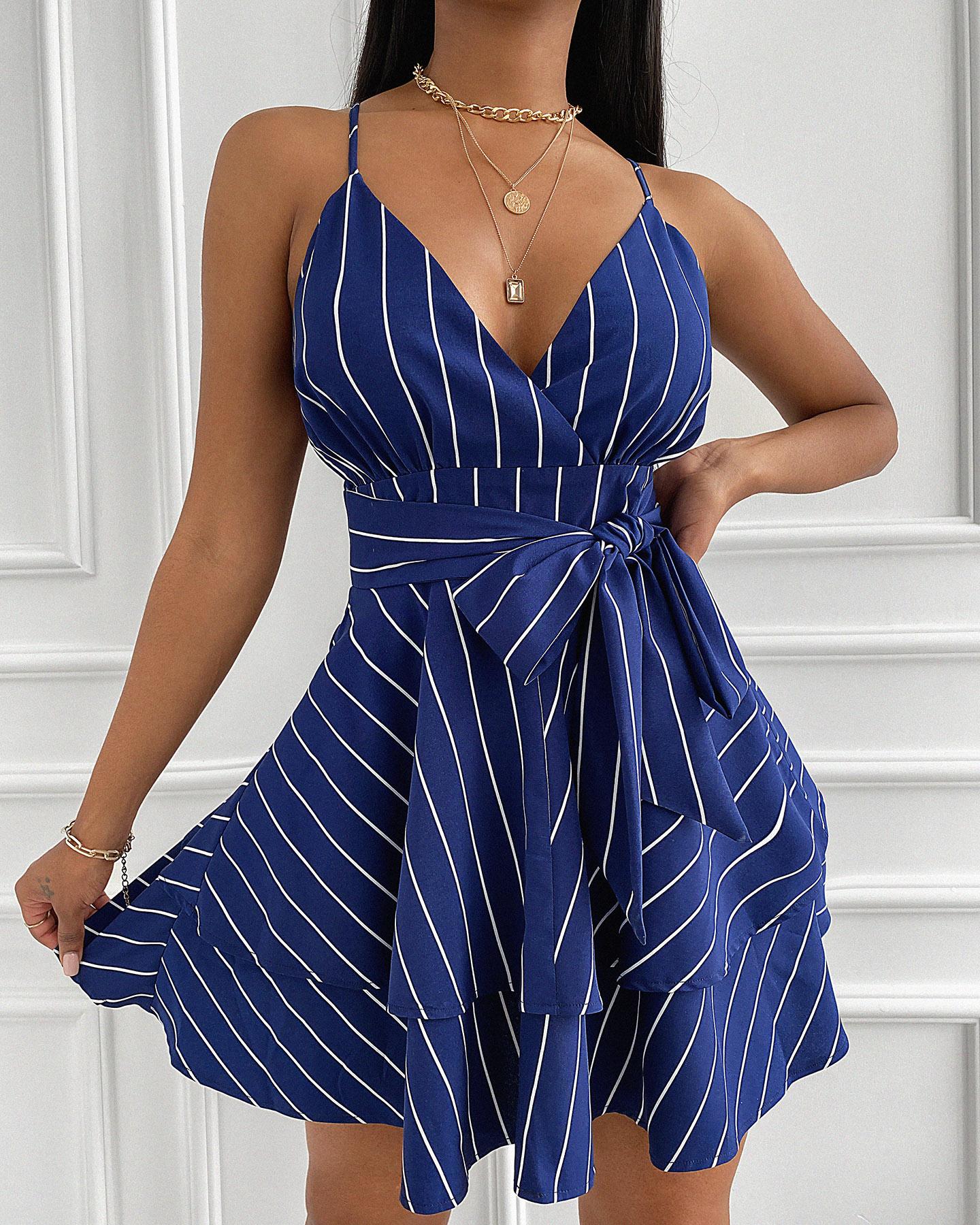 

Striped Tie Front Backless Casual Dress, Blue