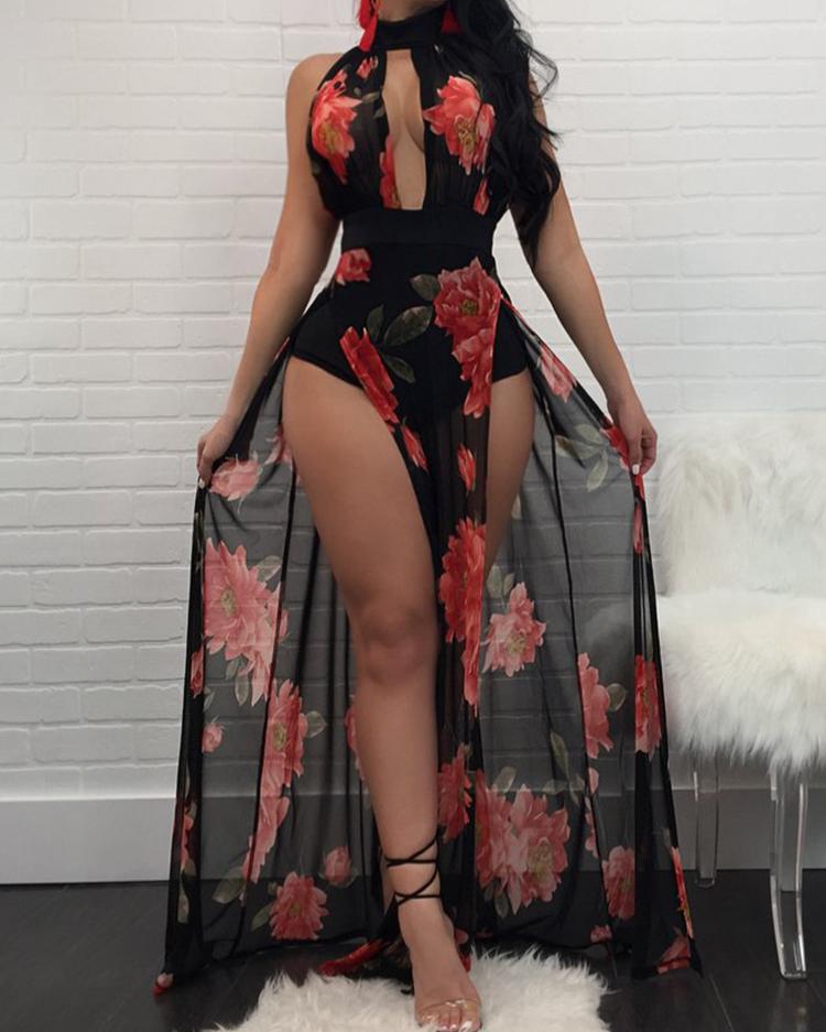 

Floral Print Halter Cutout High Slit Romper Dress
