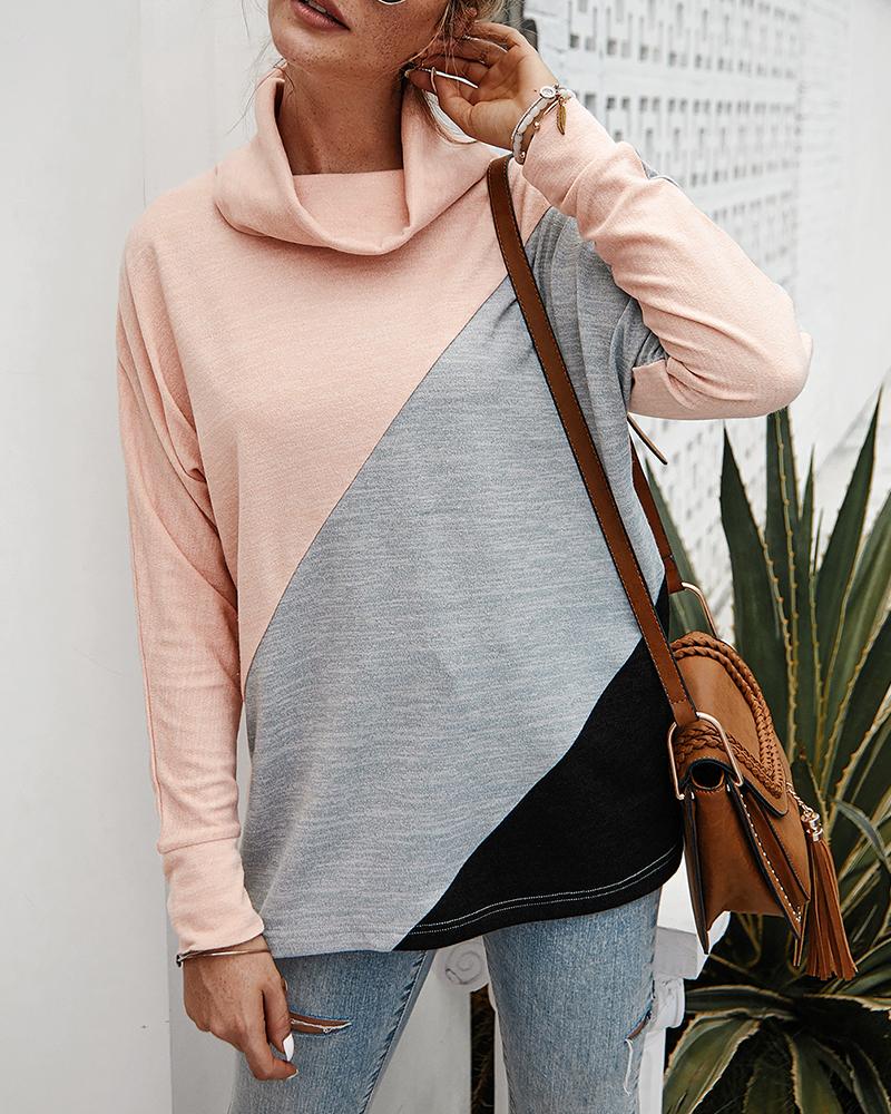 

Colorblock Long Sleeve Casual Blouse, Pink