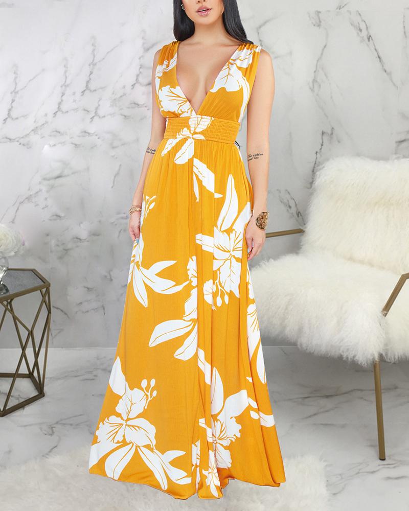 

Sexy Floral Print Sling Long Dress, Yellow