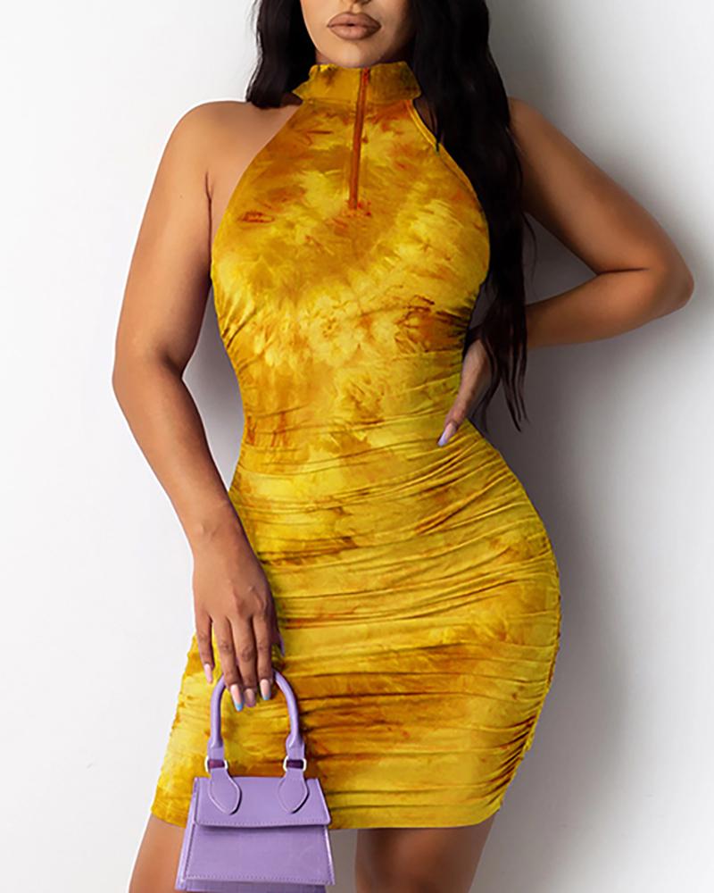 

Tie Dye Ruched Sleeveless Bodycon Dress, Yellow