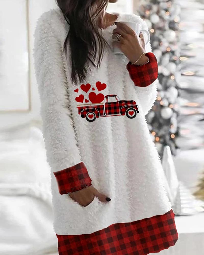 

Car Heart Print Plaid Teddy Dress, White