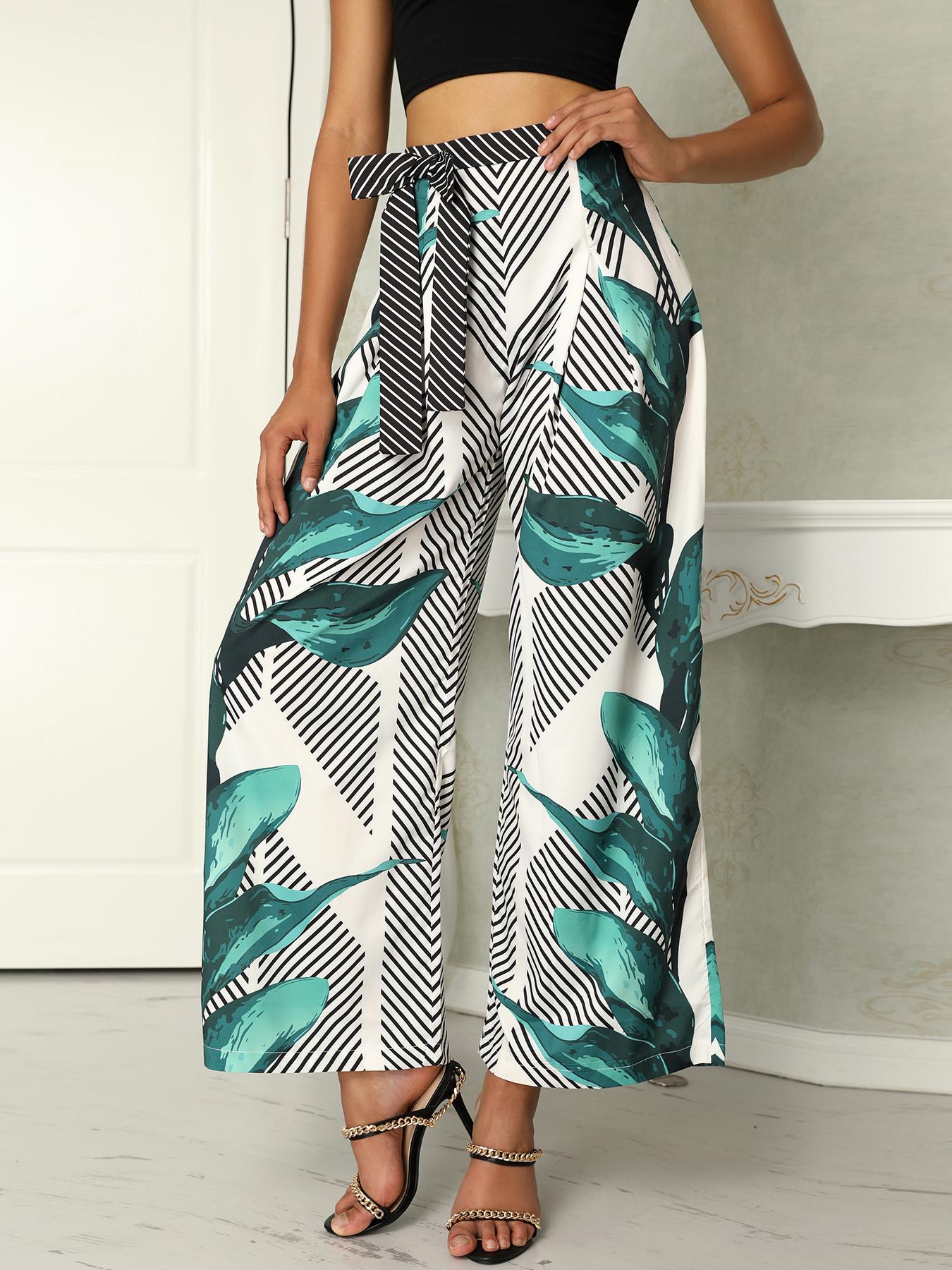 

Leaf Print Tie Waist Striped Wide Leg Pants, Green