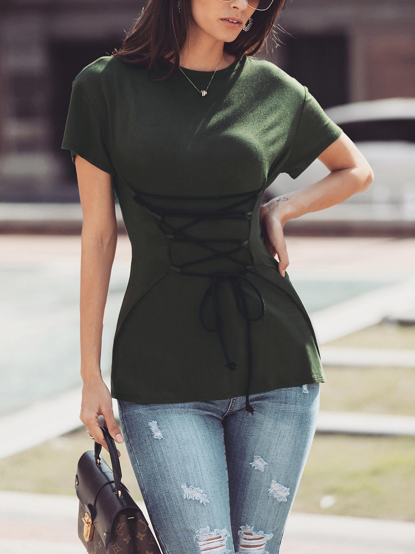 

Lace-Up Tunic Short Sleeve T-Shirt, Army green