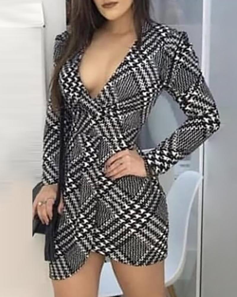 

Plunge Houndstooth Print Tight Waist Dress, Black