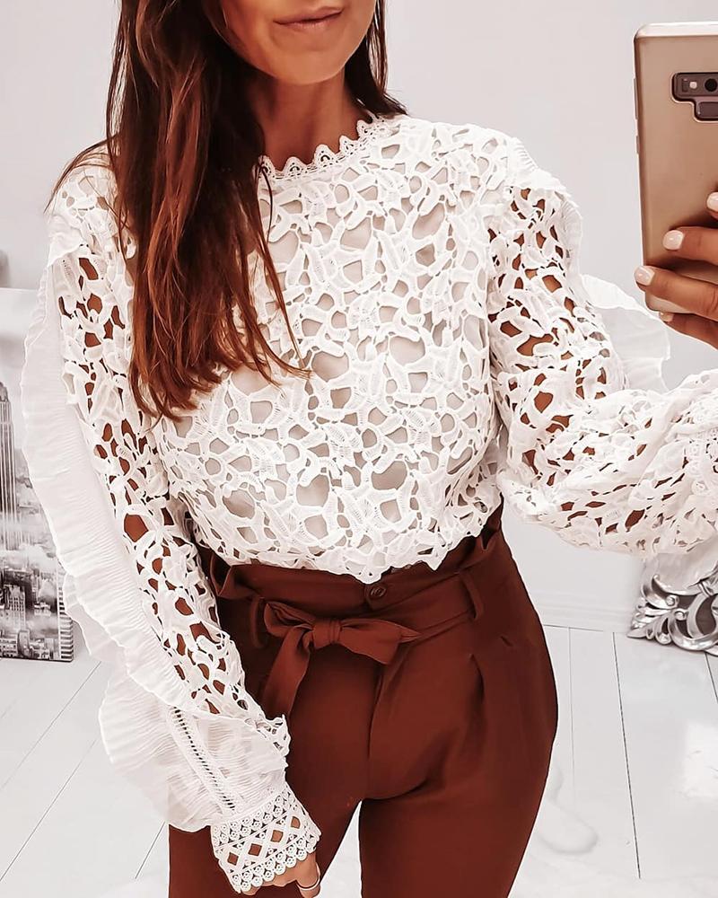 

Lace Trim Hollow Out Blouse, White