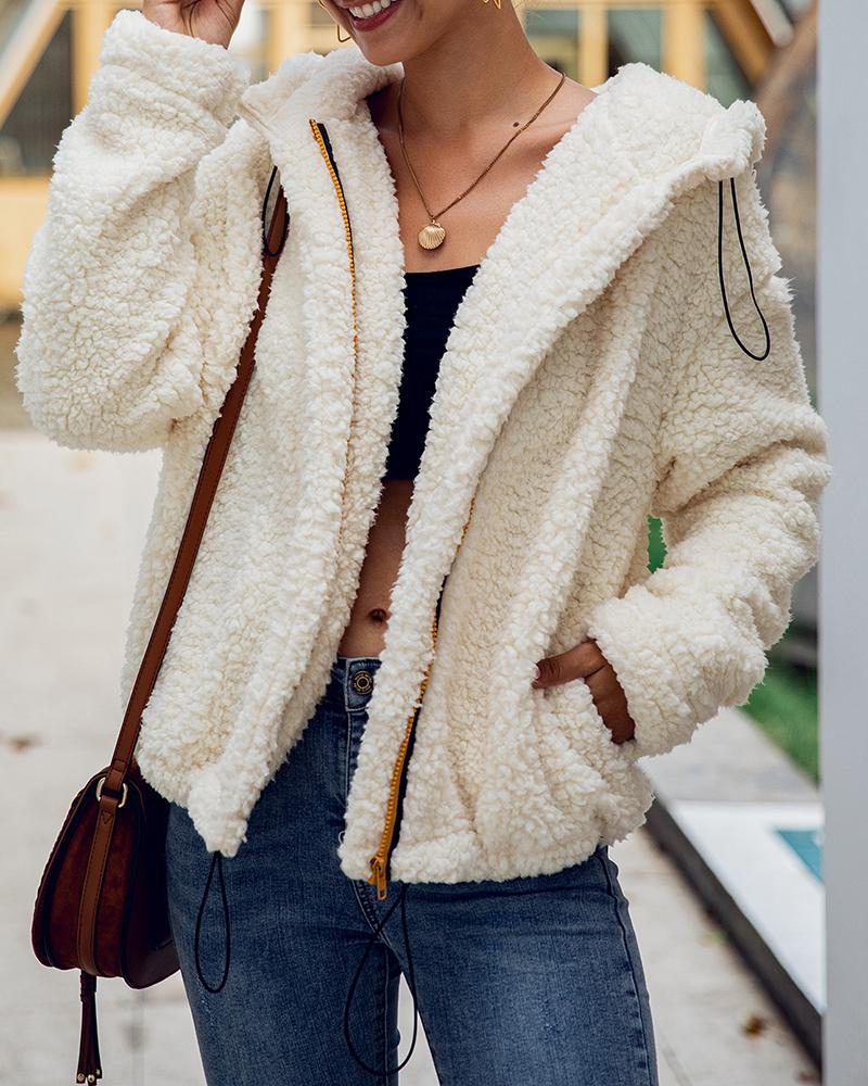 

Solid Long Sleeve Zipped Hooded Coat, White