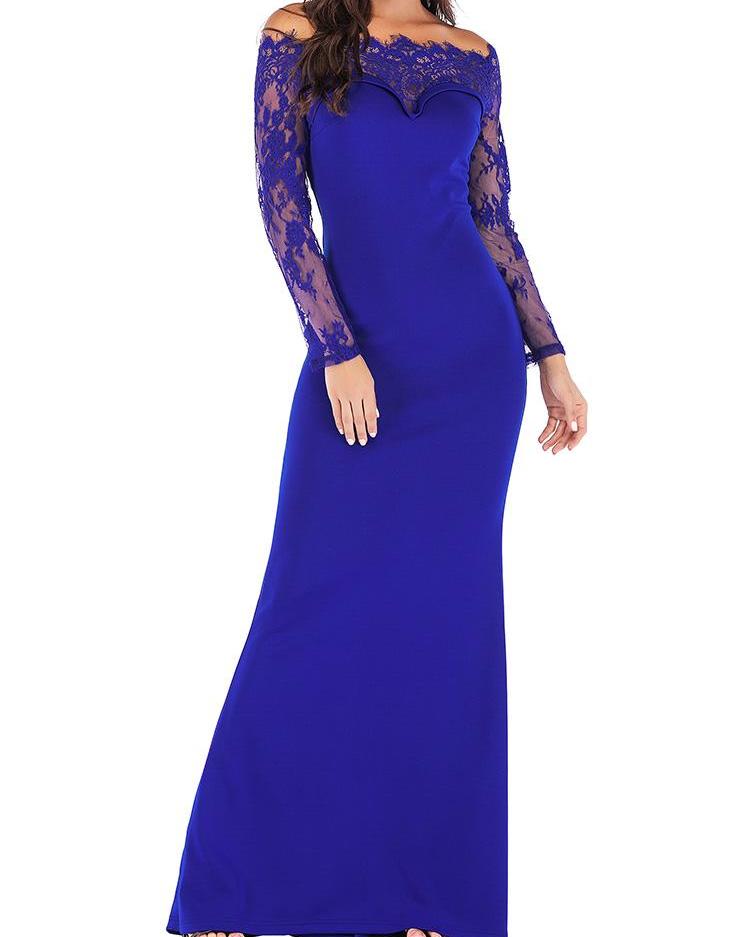 

Eyelash Lace Mesh Splicing Evening Dress, Blue