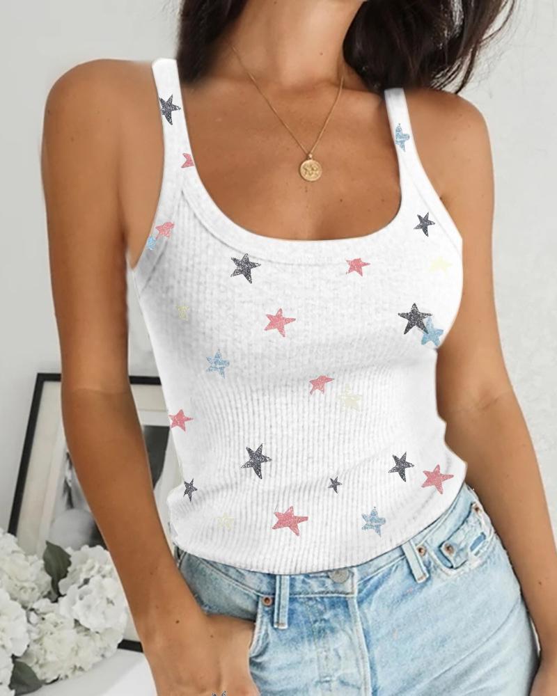 

Star Pattern U Neck Ribbed Casual Top, White