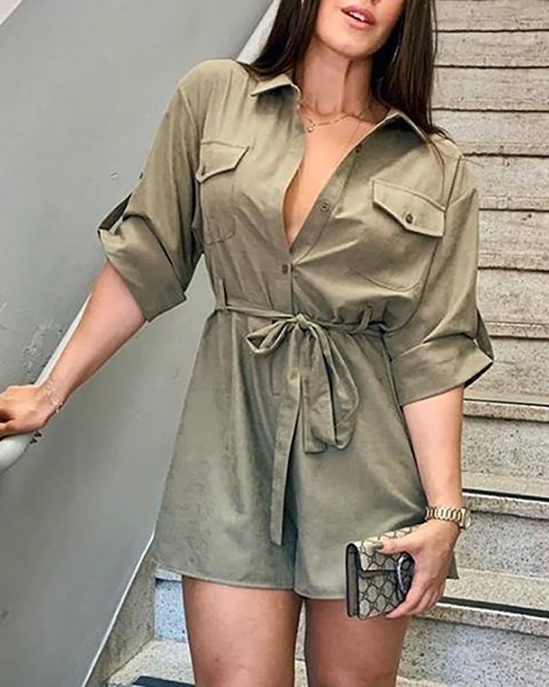 

Solid Bottoned Pockets Cargo Romper, Army green