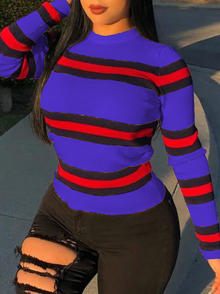 

Contrast Stripes Mock Neck Long Sleeve T-Shirt