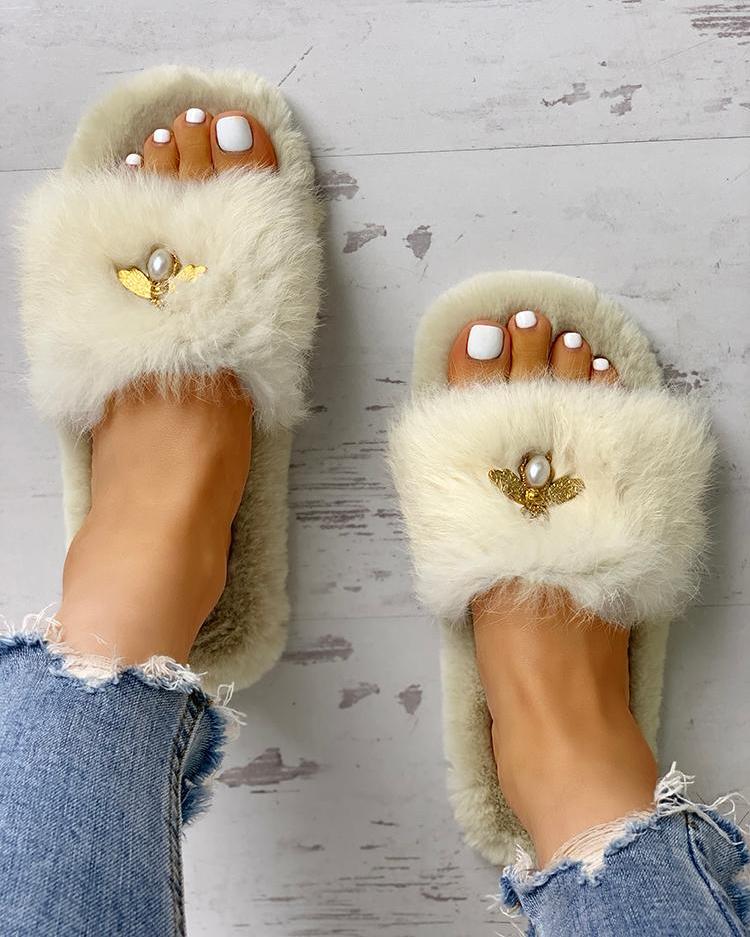 

Fluffy Metallic Embellished Open Toe Slippers