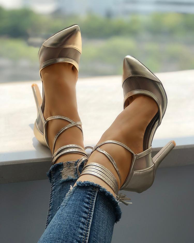 

Mesh Patchwork Strappy Thin Heeled Sandals, Gold