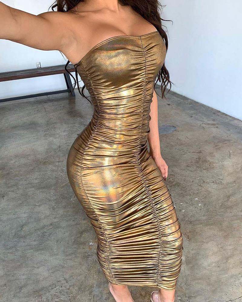 

Glitter Tube Ruched Midi Dress, Gold