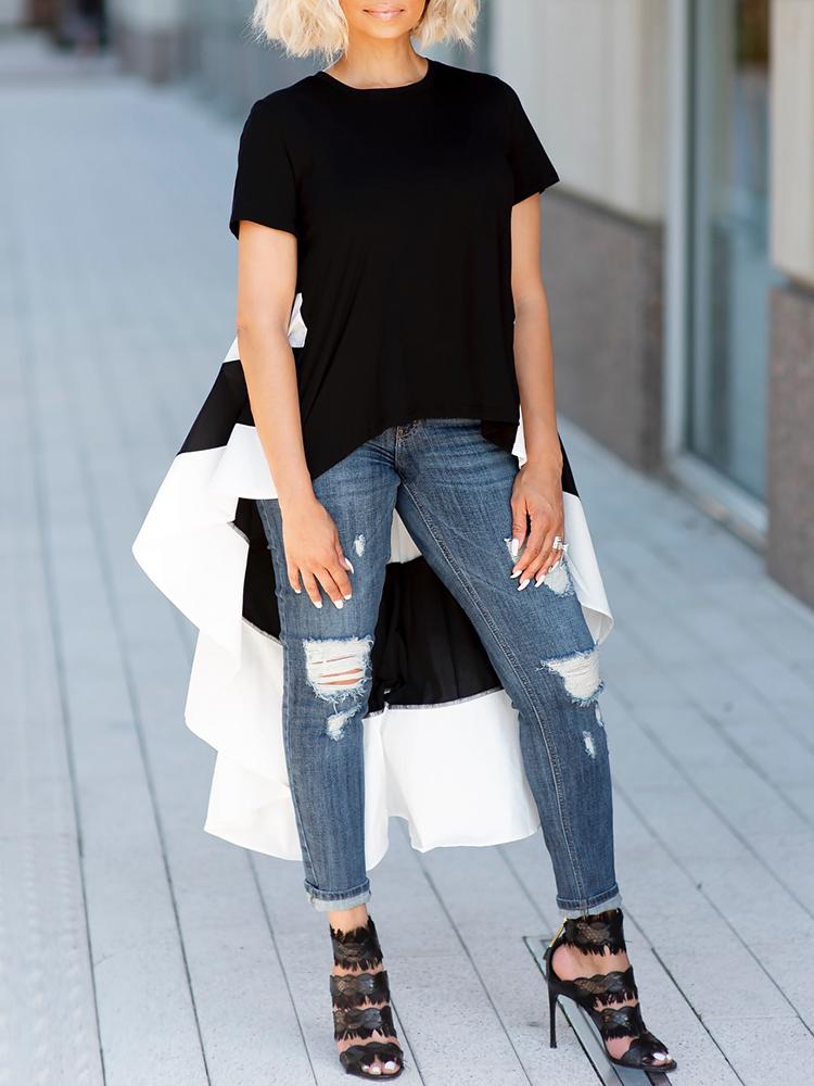 

Contrast Color & Stripes Dip Hem T-Shirt, Black