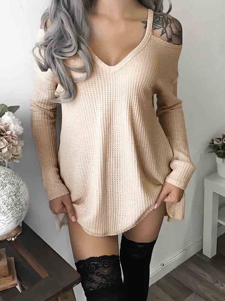 

Solid Cold Shoulder Knitted Casual Mini Dress, Khaki