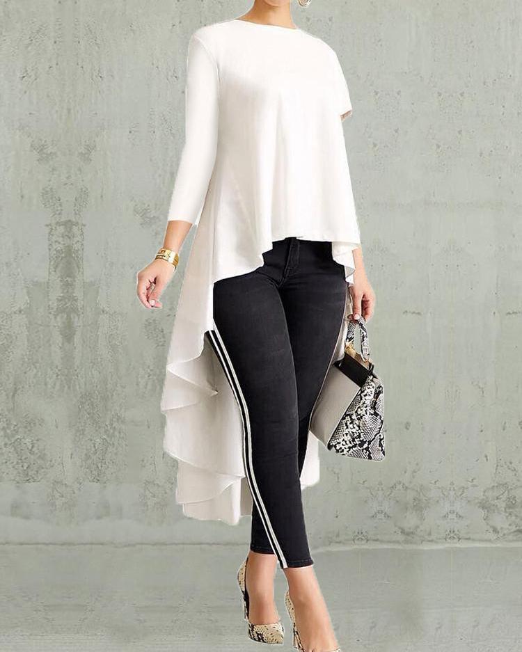 

Splicing Pleated Dip Hem Blouse, White