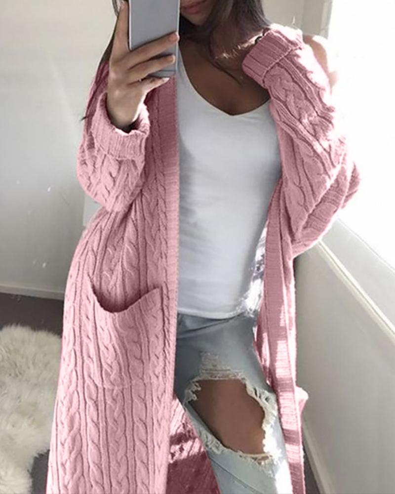 

Solid Open Front Pocket Longline Cardigan, Pink