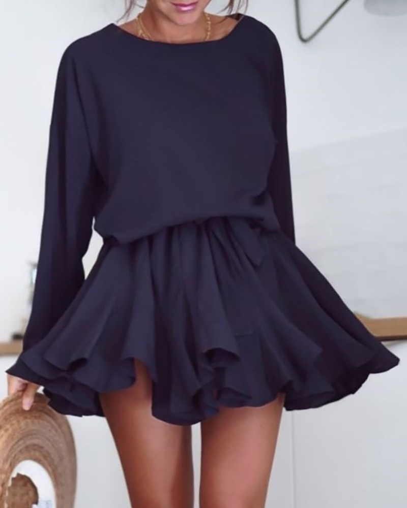 

Solid Round Neck Skater Dress, Black