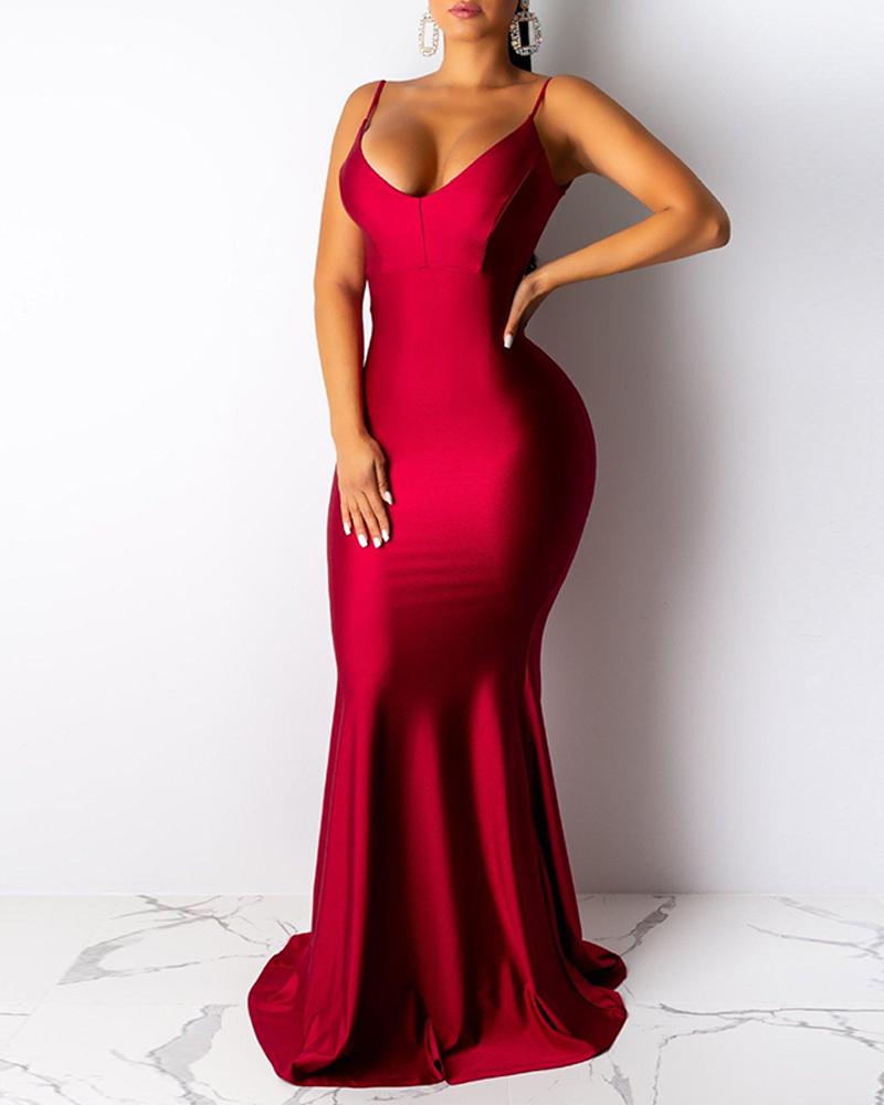 

Deep V Spaghetti Strap Maxi Dress, Red
