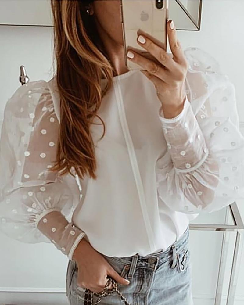 

Dot Mesh Lantern Sleeve Casual Blouse, White