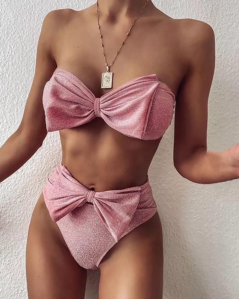 

Glitter Bowkont Design Bandeau Bikini Set, Pink